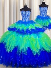 Superior Three Piece Visible Boning Multi-color Lace Up Sweet 16 Dresses Beading and Ruffles and Ruffled Layers and Sequins Sleeveless Floor Length