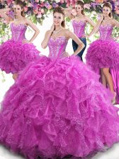 Extravagant Four Piece Fuchsia Ball Gowns Tulle Sweetheart Sleeveless Beading and Ruffles Floor Length Lace Up Quinceanera Dress