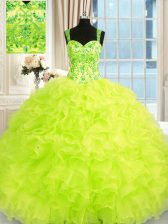 Fabulous Yellow Green Organza Lace Up Sweet 16 Dresses Sleeveless Floor Length Beading and Embroidery and Ruffles