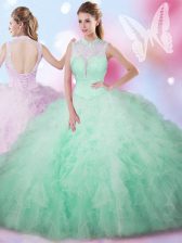 Deluxe Apple Green Sleeveless Floor Length Beading and Ruffles Lace Up Ball Gown Prom Dress
