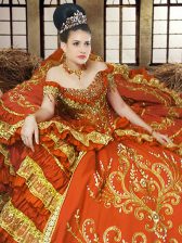  Off the Shoulder Orange Ball Gowns Embroidery Sweet 16 Dress Lace Up Satin Sleeveless Floor Length