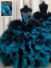 Latest Black and Blue Sleeveless Beading and Ruffles and Hand Made Flower Floor Length Quinceanera Gowns