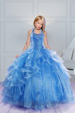 High Class Ball Gowns Girls Pageant Dresses Baby Blue Halter Top Organza Sleeveless Floor Length Lace Up