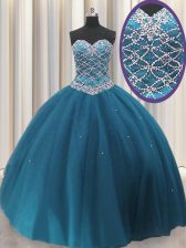  Sweetheart Sleeveless Quinceanera Dress Floor Length Beading and Sequins Teal Tulle