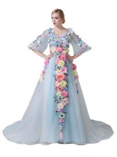 Lovely Light Blue Half Sleeves Court Train Hand Made Flower With Train Prom Party Dress