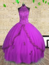  Purple Halter Top Lace Up Beading Sweet 16 Quinceanera Dress Sleeveless