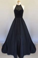Sweet Halter Top Black Satin Zipper Sleeveless Floor Length Beading and Pleated