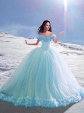Modern Court Train Ball Gowns Quinceanera Dress Baby Blue Off The Shoulder Tulle Cap Sleeves Lace Up