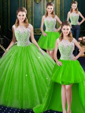 Deluxe Four Piece Brush Train Ball Gowns Ball Gown Prom Dress High-neck Tulle Sleeveless Floor Length Zipper