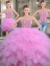 Glorious Three Piece Lilac Lace Up Quinceanera Dress Beading Sleeveless Floor Length