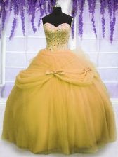  Gold Quinceanera Dresses Military Ball and Sweet 16 and Quinceanera with Beading and Bowknot Sweetheart Sleeveless Lace Up