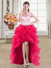 Luxury Straps Beading and Lace and Ruffles Prom Party Dress Hot Pink Lace Up Sleeveless High Low