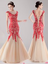 Simple Mermaid Scoop Cap Sleeves Lace Up Floor Length Lace Dress for Prom