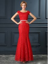 New Style Mermaid Scoop Cap Sleeves Lace Floor Length Lace Up Dress for Prom in Red with Beading