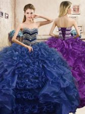  Navy Blue Sleeveless Floor Length Beading and Ruffles Lace Up Quinceanera Gown