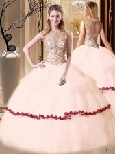 Glittering Pink Sweet 16 Dresses Military Ball and Sweet 16 and Quinceanera with Beading and Appliques Scoop Sleeveless Lace Up