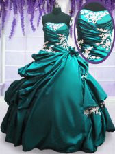 Modest Strapless Sleeveless Taffeta 15 Quinceanera Dress Appliques and Pick Ups Lace Up