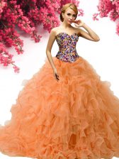  Orange Ball Gowns Sweetheart Sleeveless Organza Floor Length Lace Up Beading and Ruffles Sweet 16 Quinceanera Dress