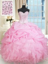 Great Rose Pink Ball Gowns Organza Sweetheart Sleeveless Beading and Ruffles and Pick Ups Floor Length Lace Up Ball Gown Prom Dress