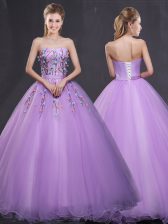 Glittering Lavender Tulle Lace Up Quinceanera Dresses Sleeveless Floor Length Appliques