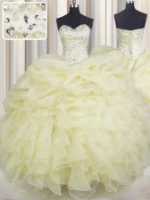  Ball Gowns Sweet 16 Quinceanera Dress Light Yellow Sweetheart Organza Sleeveless Floor Length Lace Up