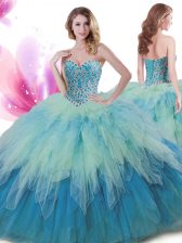 Cute Sleeveless Floor Length Beading and Ruffles Lace Up Quinceanera Gowns with Multi-color