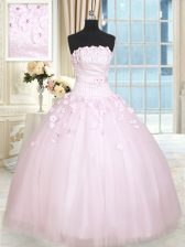  Baby Pink Lace Up Strapless Beading and Appliques Vestidos de Quinceanera Tulle Sleeveless