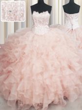  Visible Boning Scalloped Sleeveless 15th Birthday Dress Floor Length Beading and Ruffles Peach Organza