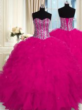 Suitable Floor Length Lace Up 15th Birthday Dress Fuchsia for Military Ball and Sweet 16 and Quinceanera with Beading and Ruffles