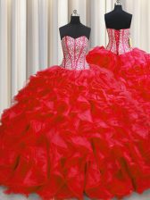 Superior Visible Boning Floor Length Red Ball Gown Prom Dress Organza Sleeveless Beading and Ruffles