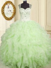 Sexy Yellow Green Organza Lace Up Sweet 16 Dress Sleeveless Floor Length Beading and Ruffles