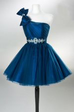  One Shoulder Teal Sleeveless Tulle Side Zipper Homecoming Dress for Prom and Party