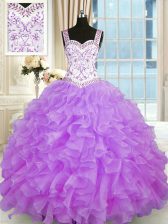 Luxurious Lilac Ball Gowns Organza Sweetheart Sleeveless Beading and Appliques and Ruffles Floor Length Lace Up Quinceanera Dress