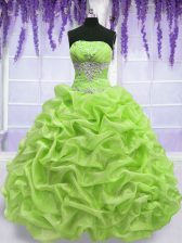  Yellow Green Organza Lace Up Strapless Sleeveless Floor Length Quinceanera Gown Beading and Pick Ups
