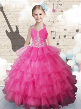 Fashion Halter Top Ruffled Hot Pink Sleeveless Organza Lace Up Little Girl Pageant Gowns for Party and Wedding Party
