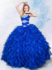  Royal Blue Organza Lace Up 15th Birthday Dress Sleeveless Floor Length Beading and Ruffles