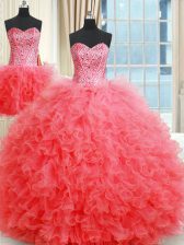 Suitable Three Piece Sleeveless Lace Up Floor Length Beading and Ruffles Sweet 16 Dress