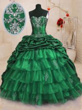  Pick Ups Ruffled With Train Ball Gowns Sleeveless Dark Green 15th Birthday Dress Sweep Train Lace Up