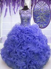 Best Purple Scoop Lace Up Beading and Ruffles Quince Ball Gowns Sleeveless