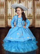 Admirable Organza Spaghetti Straps Sleeveless Lace Up Embroidery and Ruffled Layers Pageant Gowns For Girls in Baby Blue