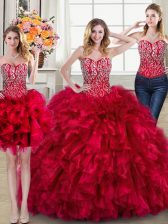 Designer Three Piece Red Quinceanera Dresses Sweetheart Sleeveless Brush Train Lace Up