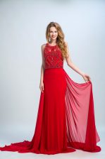  With Train Red Evening Dress Scoop Sleeveless Court Train Side Zipper