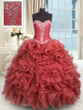  Rust Red Ball Gowns Sweetheart Sleeveless Organza Floor Length Lace Up Beading and Ruffles Sweet 16 Dress