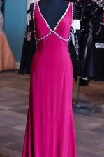  Fuchsia Satin Zipper V-neck Sleeveless Floor Length Evening Dress Sashes ribbons