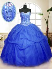 Custom Fit Floor Length Blue Quinceanera Dresses Tulle Sleeveless Sequins and Pick Ups