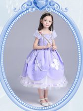 Unique Square Lavender Ball Gowns Beading and Appliques Flower Girl Dress Zipper Taffeta and Tulle Short Sleeves Tea Length
