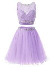 Shining Lavender A-line Beading and Belt Prom Party Dress Side Zipper Organza Sleeveless Mini Length