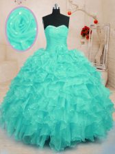 Fantastic Floor Length Lace Up Sweet 16 Dresses Turquoise for Military Ball and Sweet 16 and Quinceanera with Beading and Ruffles and Hand Made Flower