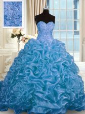  Blue Ball Gowns Beading and Pick Ups Ball Gown Prom Dress Lace Up Organza Sleeveless