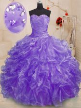 Simple Floor Length Lavender Sweet 16 Quinceanera Dress Organza Sleeveless Beading and Ruffles
